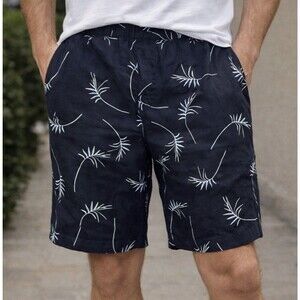 Magaschoni Navy Blue Griffith Slim Fit Linen Blend Shorts Leaf Sz 38
